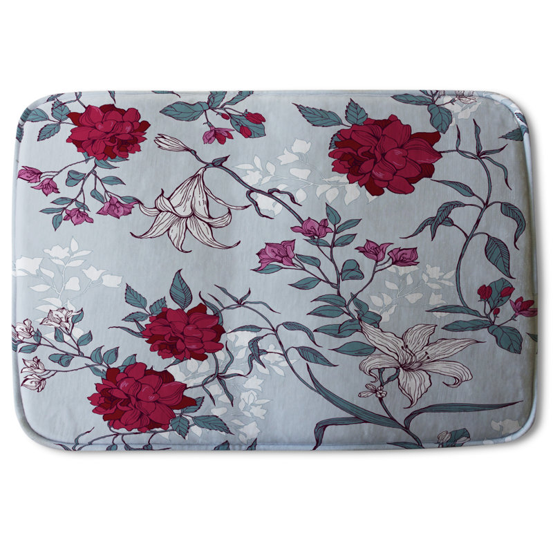 Heine Non-Slip Backing Bath Rug, Royal Crimson Garden