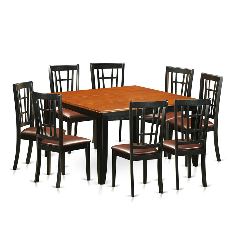 9 Piece Kitchen Table Set Includes a Square Dining Table with Butterfly Leaf and 8 Faux Leather Dining Room Chairs, Black & Cherry