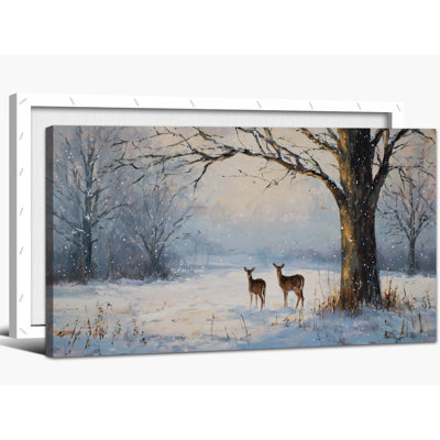 Paysage d'hiver - art mural sur toile scène d'hiver, décoration murale photos de cerf neige, peinture d'art de Noël pour le salon, impressions sur toile tendues de qualité galerie, cadre en pin, 12 po x 24 po