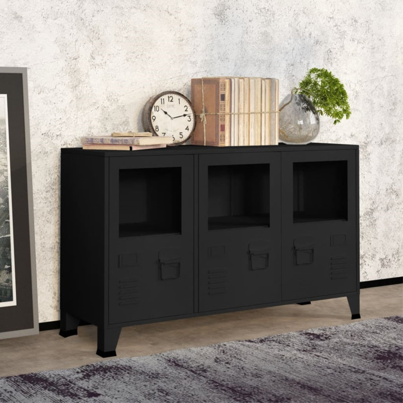 Charemon Sideboard Industrial Storage Cabinet for Living Room Metal and Glass, Black