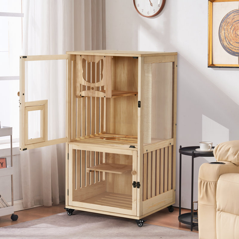 Villa pour chat 47 "en bois avec poteau à griffes et roues, cage pour chat avec porte de secours 47" Daquian