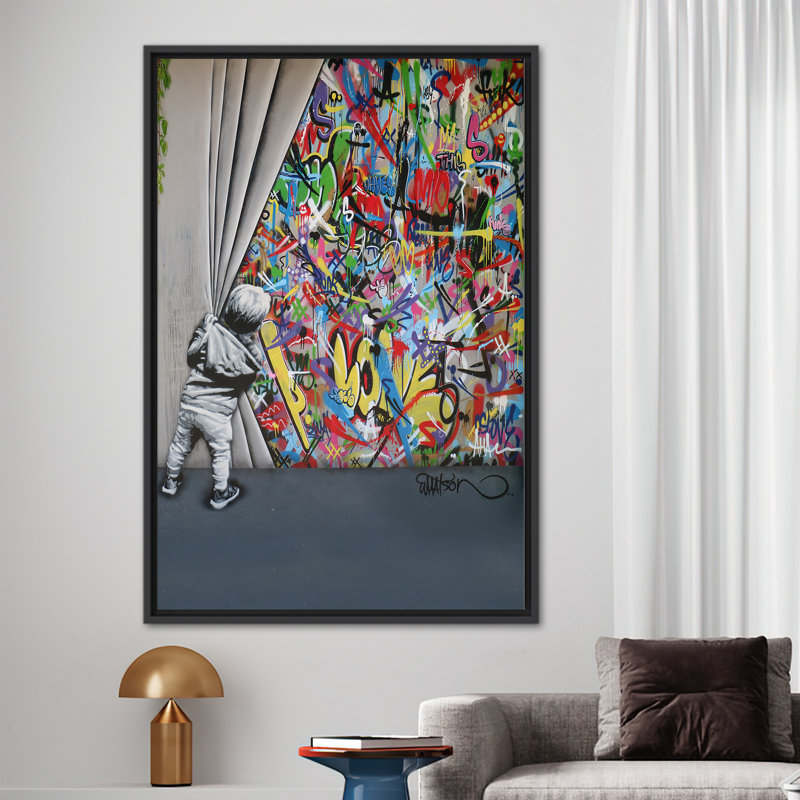 «Banksy Boy Be derrière le rideau», art mural sur toile graffiti coloré Martin Watson, Cadre flottant noir, H 26 po x l 18 po