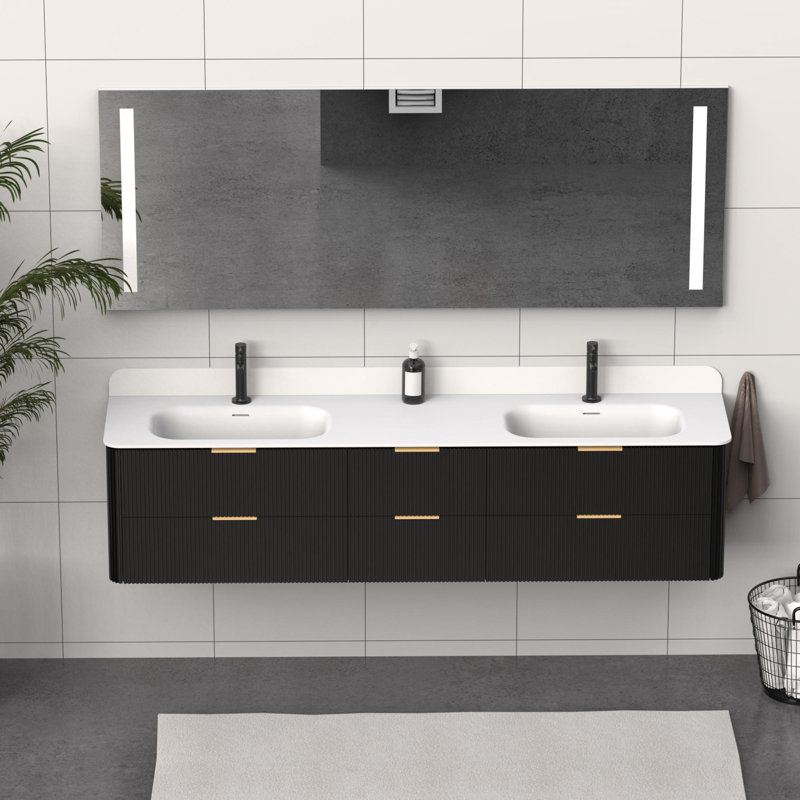 Meuble-lavabo mural avec lavabo et tiroirs, Noir, 84