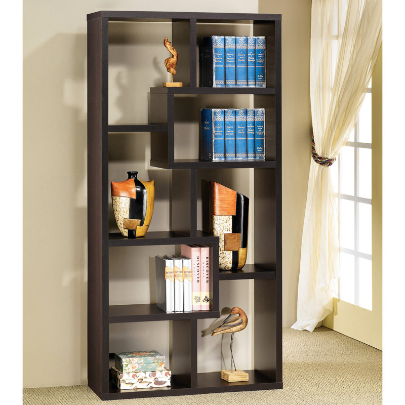 Bibliothèque géométrique à 10 tablettes Cappuccino, fabriquée à partir de matériaux, dos ouvert, panneau de particules à profil mince et finition rayée, solution de rangement sécuritaire