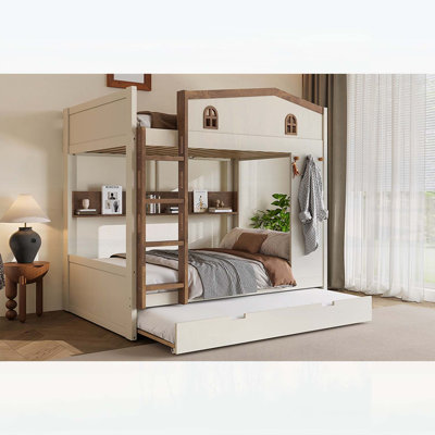 Lit superposé double avec lit gigogne, tablettes de rangement et crochets, bois massif, aucun sommier nécessaire, beige et naturel