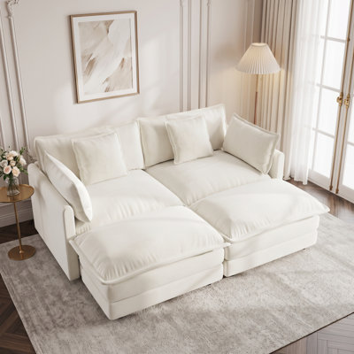 Canapé à assise profonde avec 2 repose-pieds assortis pour une détente flexible, blanc crème