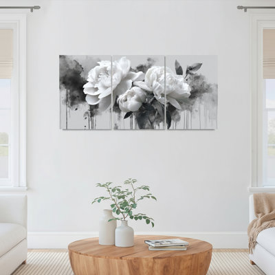 Ensemble de 3 tableaux muraux aquarelle sur toile tendue représentant des pivoines noires et blanches