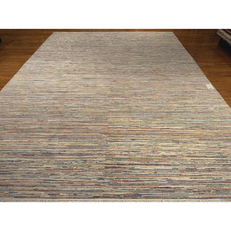 Tapis moderne 9 x 12 po, tapis en laine noué à la main, tapis minimaliste Racha, tapis rayé multicolore, tapis afghan contemporain, grand salon