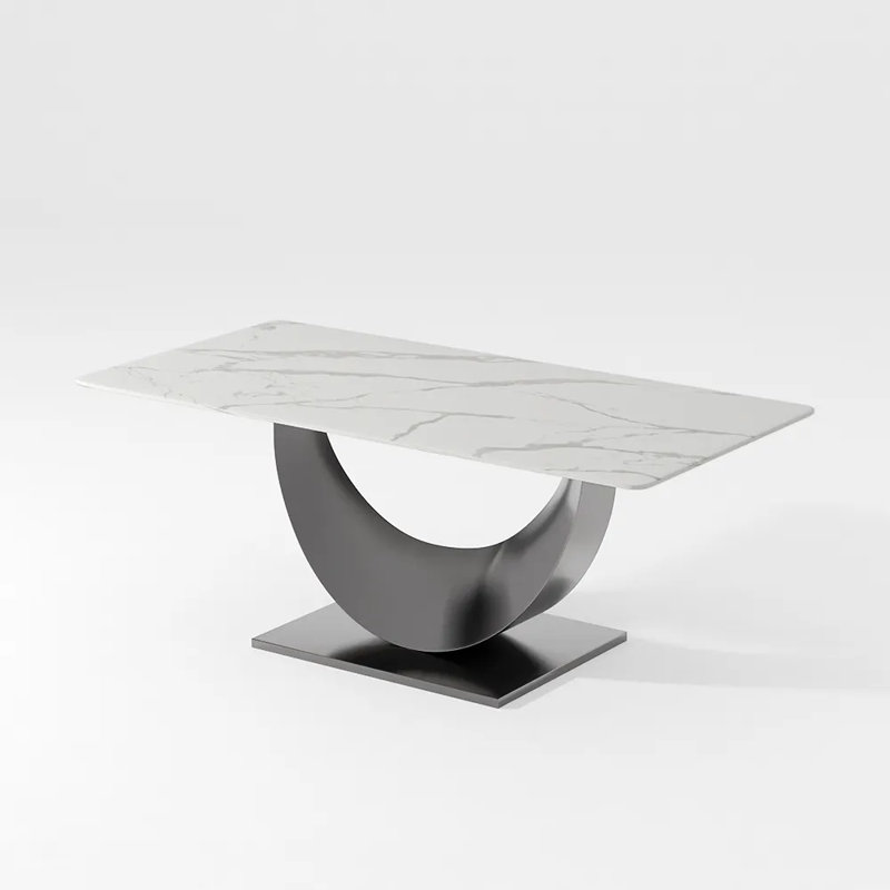 Modern Sintered Stone Dining Table for 6-8 with Pedestal Base, Pre-Assembly, White, Silver, 94.49" L x 39.37" W