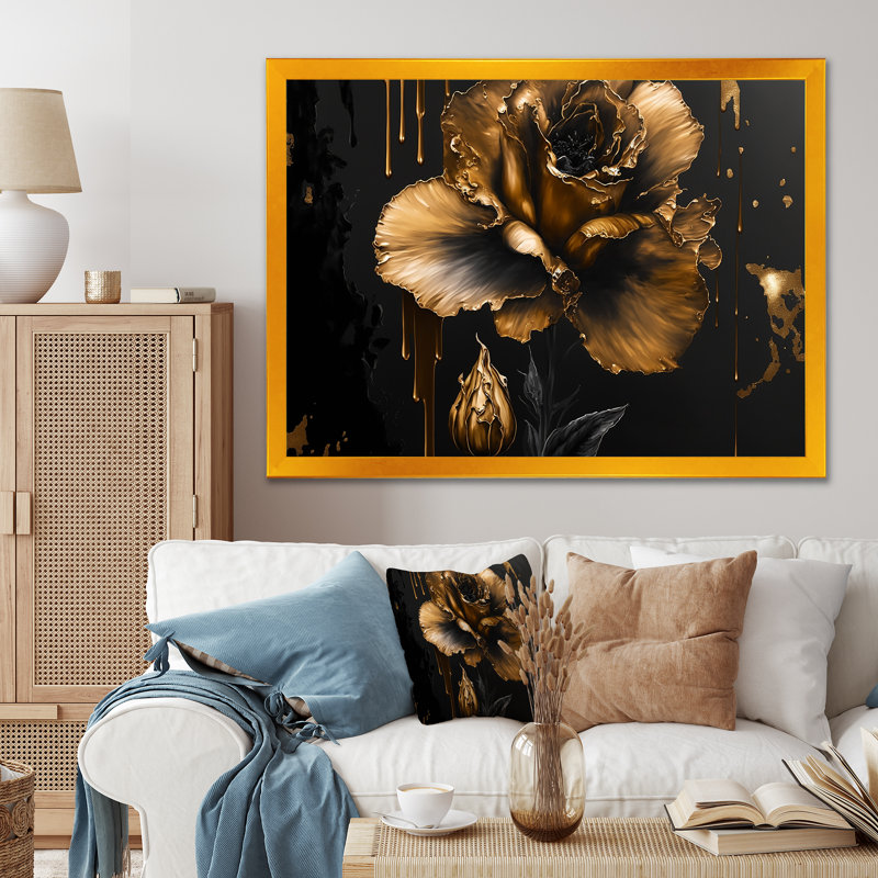 Noir et doré Glaïeul III - Glaïeul, art mural, Cadre doré simple, H 24 po x l 32 po x P 1 po