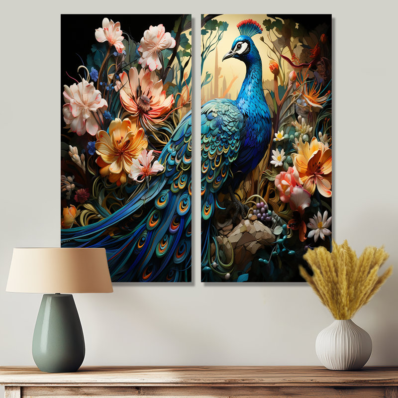 Teal Peacock Parade I - Art mural moderne, H 20 po x l 24 po, Toile tendue, Ne s’applique pas