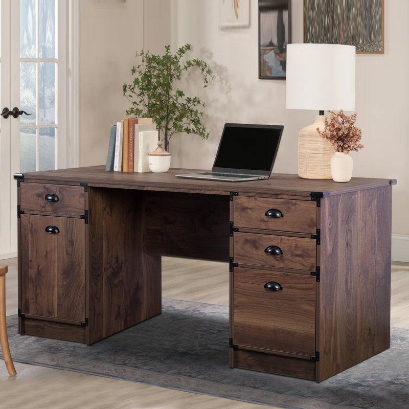 Wycombe 59'' Wide 4 Drawer Wood Grain Farmhouse Computer Executive Desk, Walnut