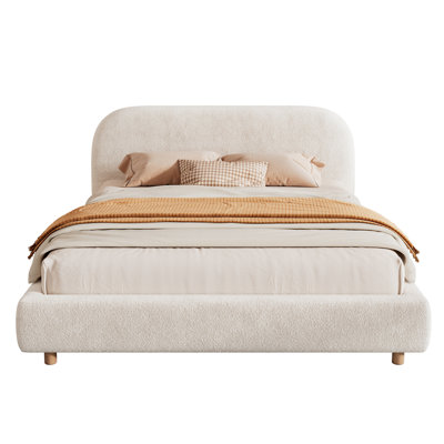 Modern Upholstered Platform Bed with Curve-Shaped Design Headboard