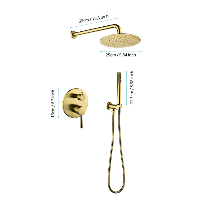 High Bathroom Shower Kit - Brushed Gold Wall Mounted With 10" Stainless Steel Rain Head And Handheld Shower, 2 Way Balance Valve