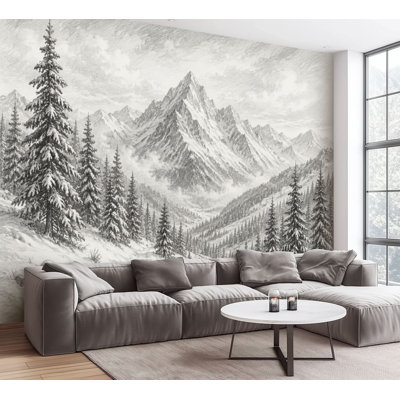 Wall Mural Peel and Stick Wallpaper Snowy Alpine Mountain Landscape Pine Forest Winter Valley Majestic Self-Adhesive Removable Contact Paper Wall Decor for Living Room Bedroom 100"H x 144"W