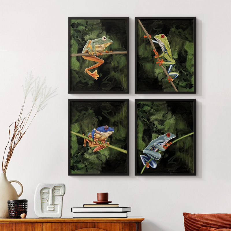 «Watercolor Tree Frogs I», reproduction encadrée, Noyer, H 32 po x l 10 po
