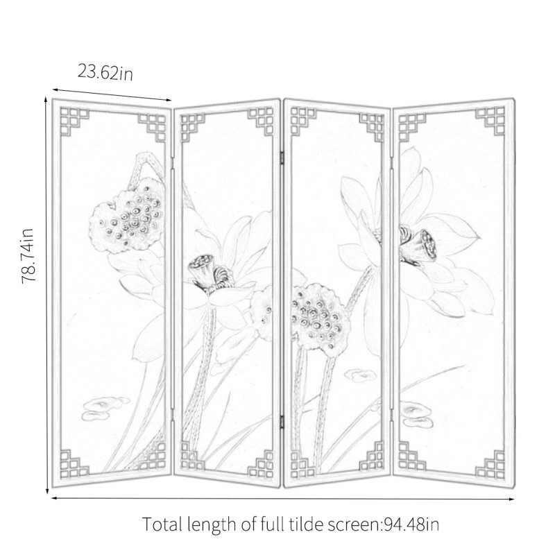 Elegant Lotus Fold Screen, 78.74" H x 94.48" W x 1.18" D