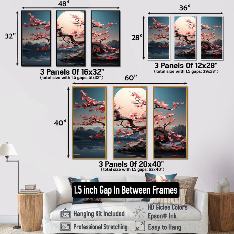 «Pink Cherry Blossom Twilight», art mural paysage romantique au Japon, Cadre flottant blanc, H 40 po x l 60 po x P 1 po
