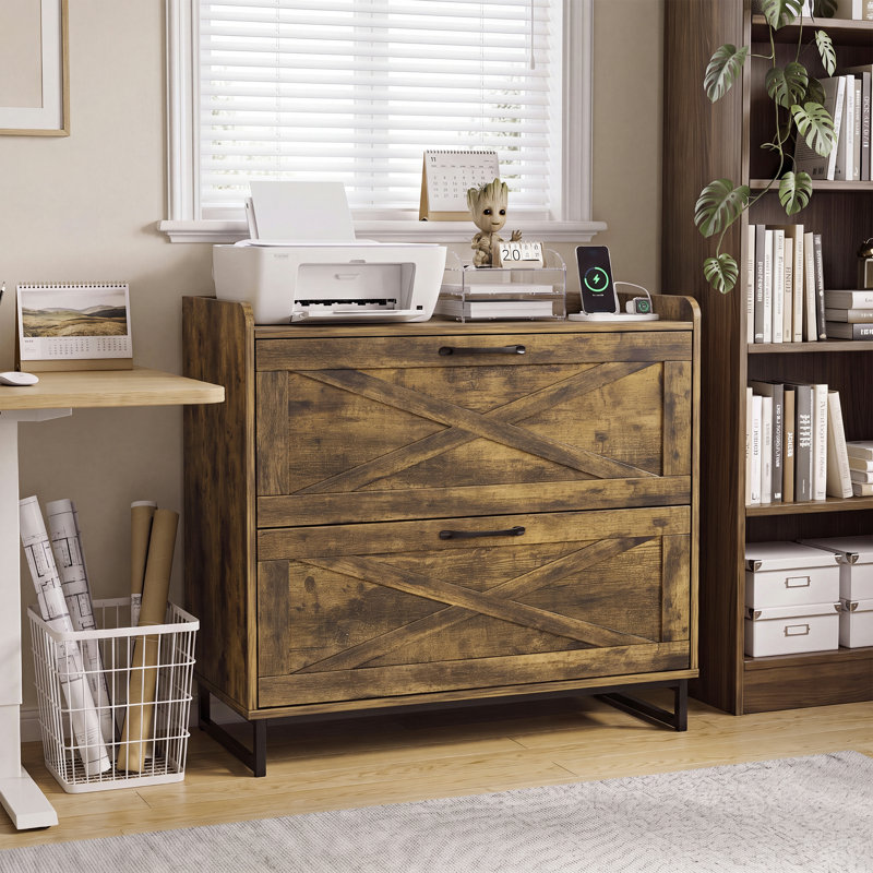 Lateral File Cabinet With Charging Station, Brown