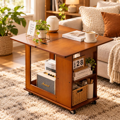 Arelthos Solid Wood Folding End Table Desk with Rolling Storage and Foldable Top
