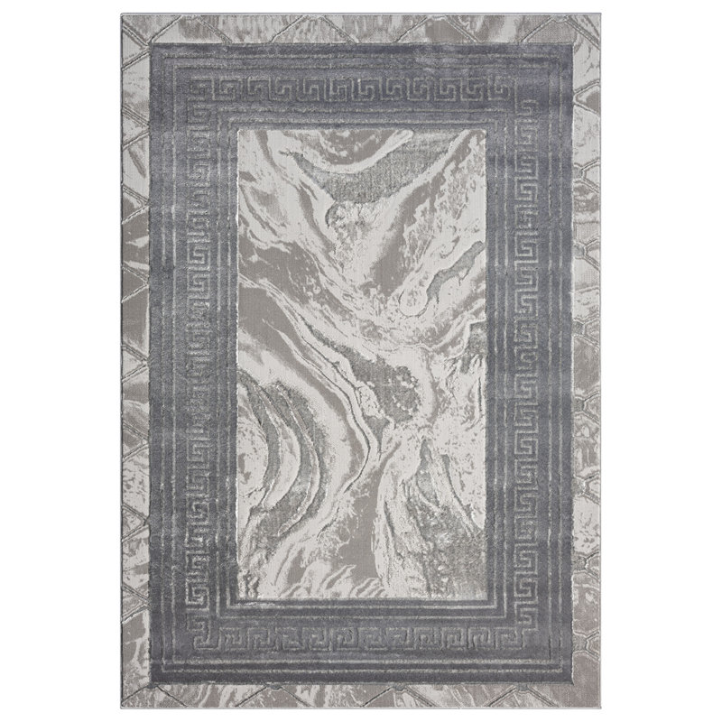 Tapis à bordure abstraite crème / gris Ksamil Collection, Rectangle 5 pi 3 po x 7 pi 3 po