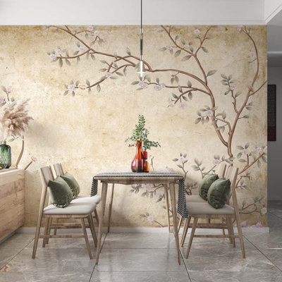 Tan Vintage Branch Leaf Blossom Wall Mural for Home Decor
