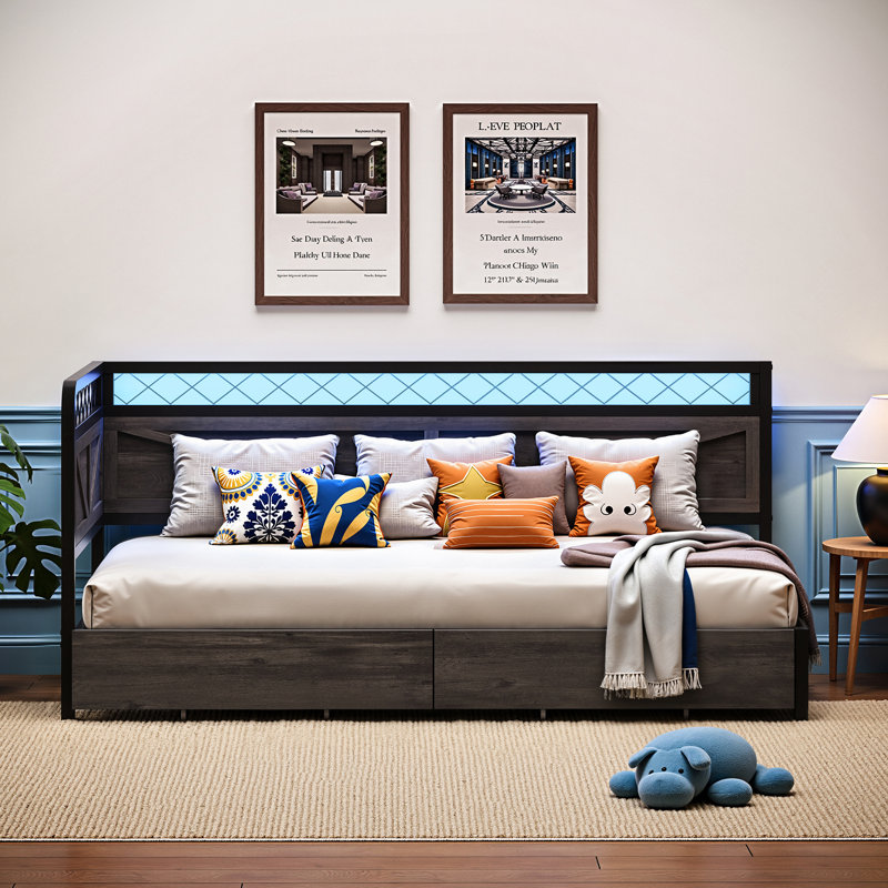 Daybed with 2 Storage Drawers, Corner Bed Frame with Charging Station and LED Lights, Heavy Duty Bed Frame Easy Assembly, No Box Spring Needed