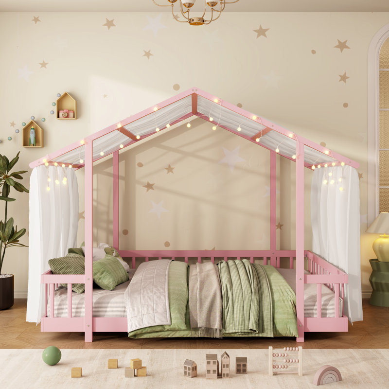 Lit plateforme double avec baldaquin en tissu transparent et guirlande lumineuse, rose, Double, Rose