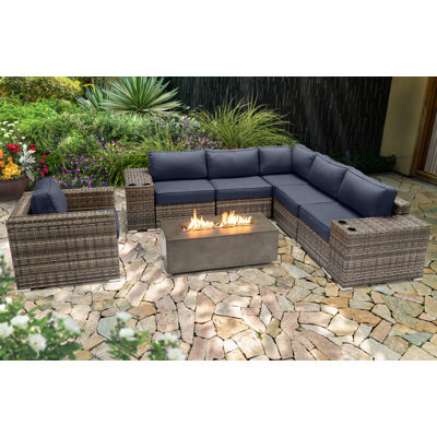 Lsi Fully Assembled 9 Pieces Sectional Seating Group With Sunbrella Cushions And Concrete Firepit