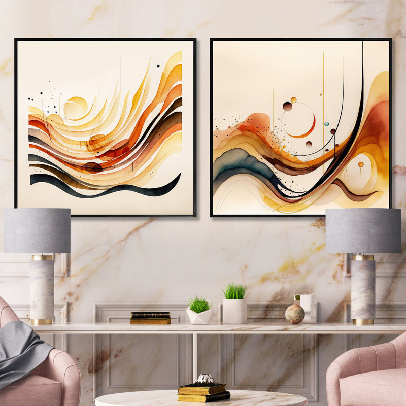 Burnt Orange Waves Abstract - Modern Square Collage Set Of 2, 36" H x 73" W, Wrapped Canvas