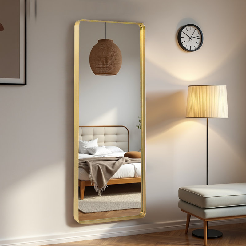 Metal Flat Mirror Full Length Mirror Leaning Mirror, Gold, 64" x 21"