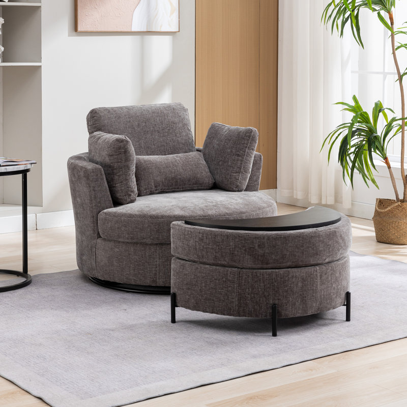 Kavonta Upholstered Slipcovered Swivel Barrel Chair with Ottoman, Gray Chenille