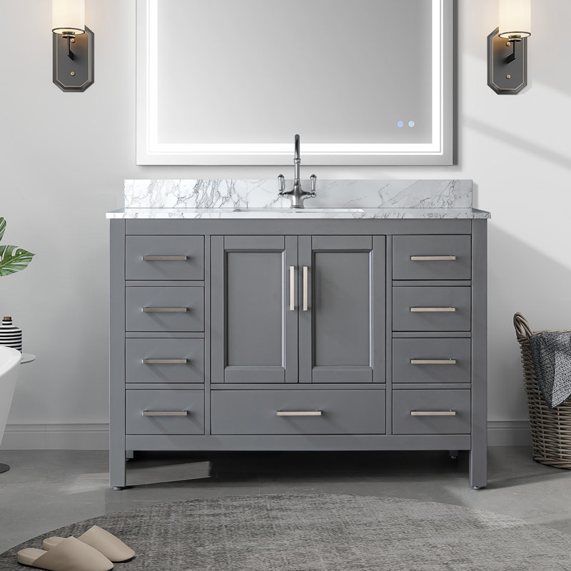 Ensemble de meuble-lavabo autoportant 48 po blanc avec plateau en marbre de culture 48 po