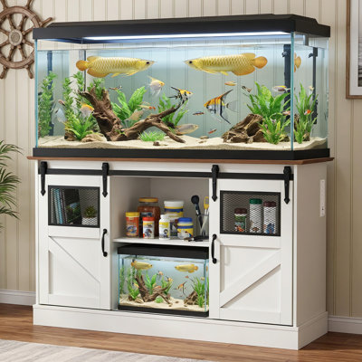 Grand support d'aquarium de 55 à 75 gallons, support d'aquarium robuste avec prise de courant et portes de grange coulissantes, table pour aquarium de reptile avec armoire pour le rangement des accessoires, blanc
