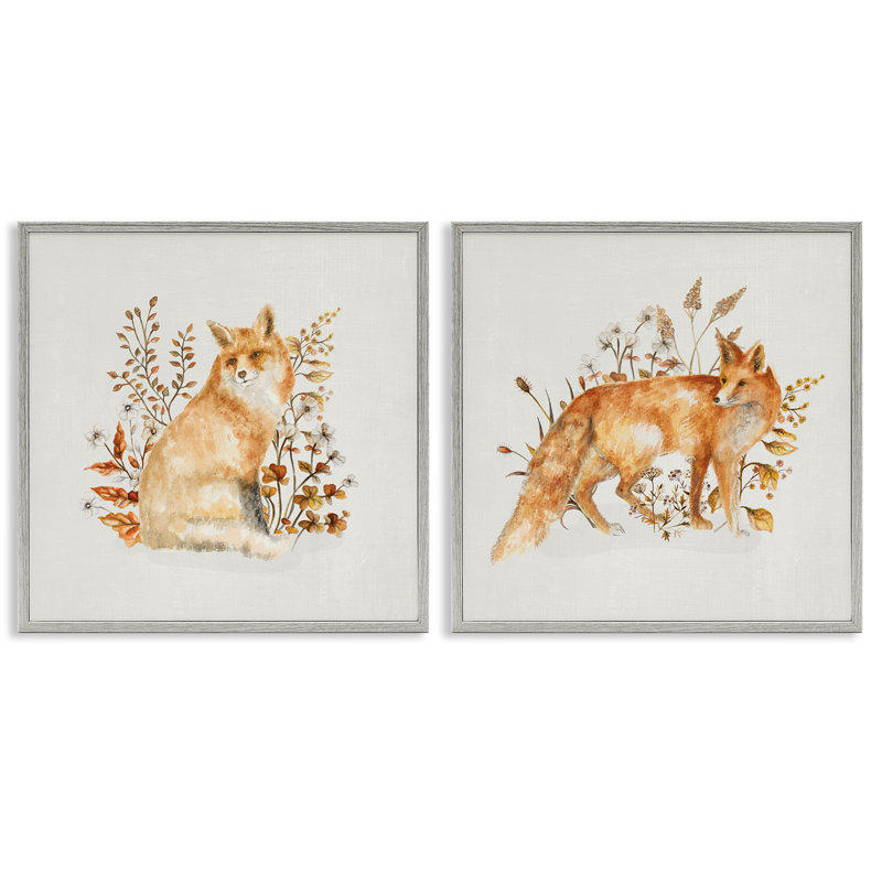  «Fluffy Fox Autumn Leaves», ensemble de 2 giclées par Janice Gaynor, Estampe numérique Farmhouse, H 24 po x l 24 po