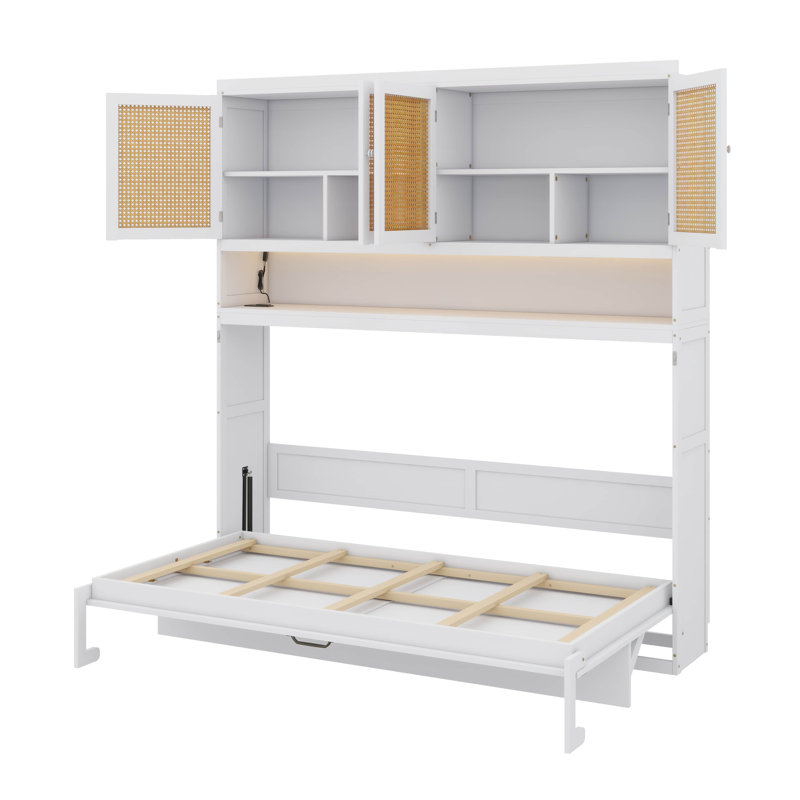 Lit escamotable compact avec rangement supérieur, structure pliable avec éclairage et connectivité USB, White