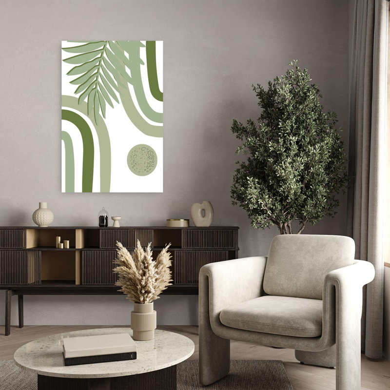 Affiche murale abstraite contemporaine minimaliste bohème feuille verte lune, H 36 po x l 24 po