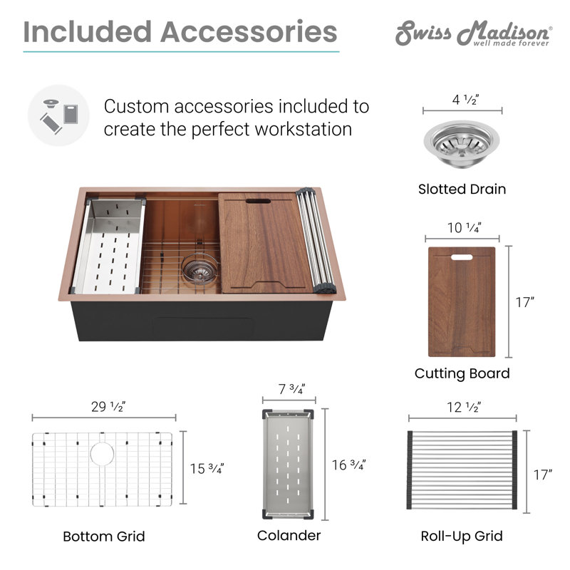 Tourner 32 x 19 Stainless Steel, Single Basin, Undermount Kitchen Workstation Sink, Rose Gold