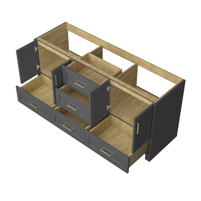 Meuble-lavabo double 72 po en bois massif, Gris foncé / or brossé
