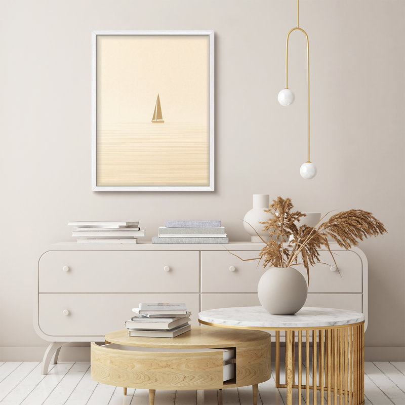 Reproduction d'art encadrée - voilier minimaliste sur fond crème, art neutre côtier pour chambres à coucher ou couloirs modernes