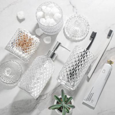 Bathroom Accessories Set, 4 Pack Clear Glass Bath Accessory Sets Complete, Diamond Soap Dispenser And Toothbrush Holder Set For Bathroom Counter Organizer Essentials