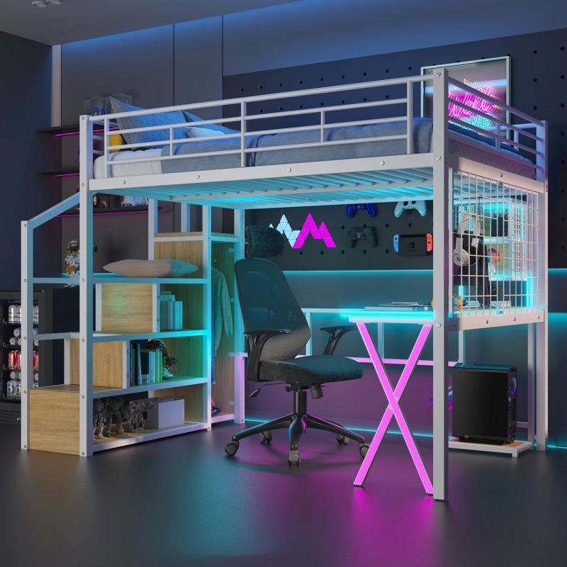 Lit mezzanine en métal avec DEL, tablettes de rangement, garde-robe et bureau - Rendez votre chambre à coucher plus pratique