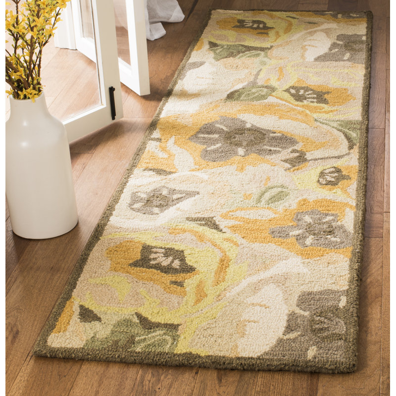Tapis or / brun / vert en laine touffeté à la main à motif floral, Tapis de couloir 2 pi 3 po x 8 pi