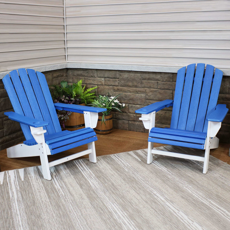 All-Weather HDPE Adirondack Chair with Drink Holder Set of 2 - Blue/White, Blue/White
