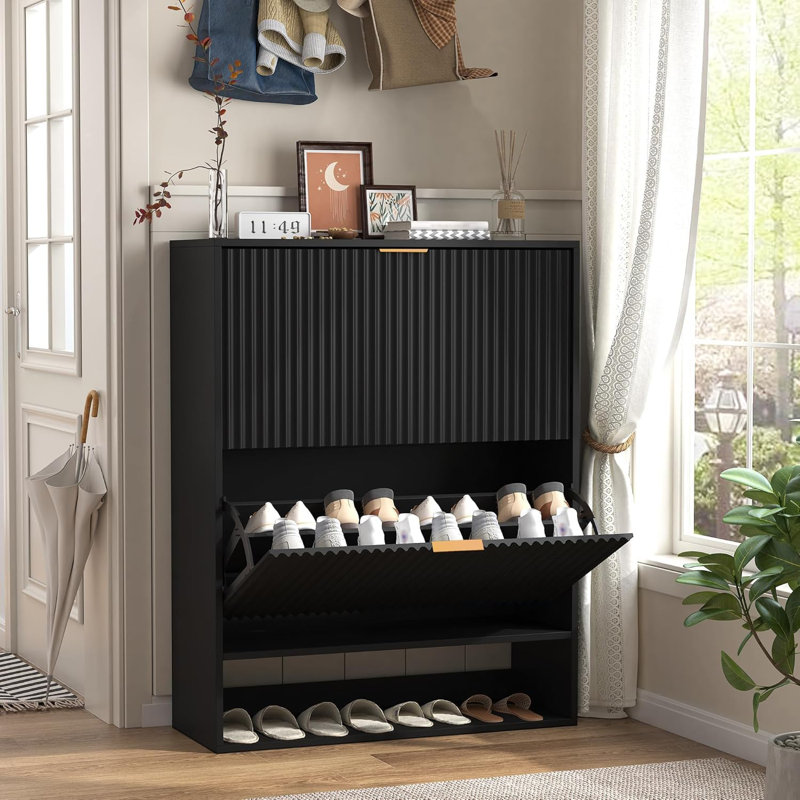 Slim Freestanding Shoe Cabinet, Narrow Fluted Shoe Storage Organizer with Removable Side Hooks, Black