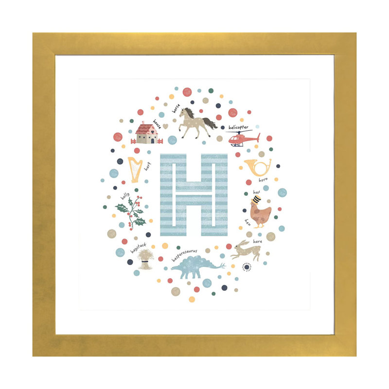 Lettre illustrée H bleue - impression, Blanc, H 24 po x l 24 po x p 1 po, Papier encadré doré