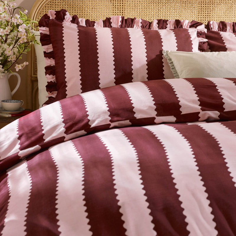 Birdie Stripe Cotton Blend Striped Duvet Cover Set with Pillowcases, Kingsize Duvet Cover Set, 3