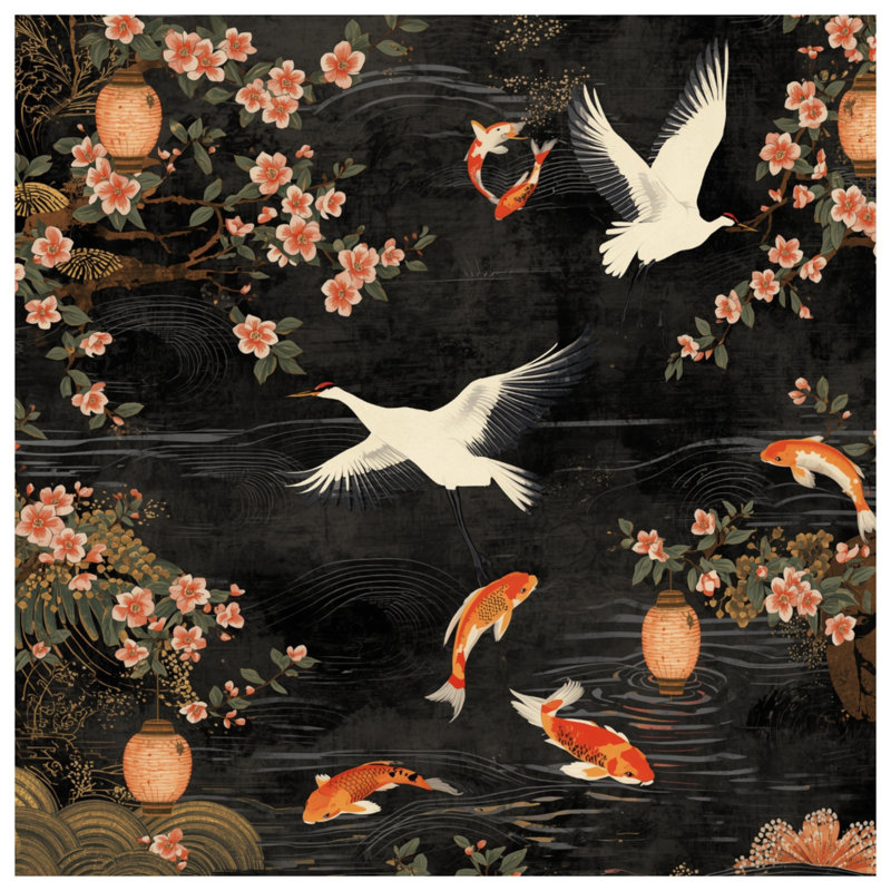 Rideaux Crane And Koi Fish, Blockout, 50" x 92" - 1 Panel
