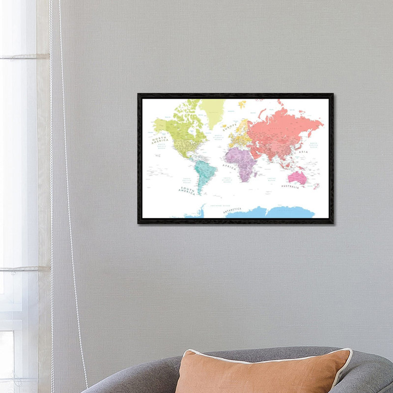 Pastels Detailed World Map With Continents by Blursbyai - Gallery-Wrapped Canvas Giclée on Canvas, Black Framed