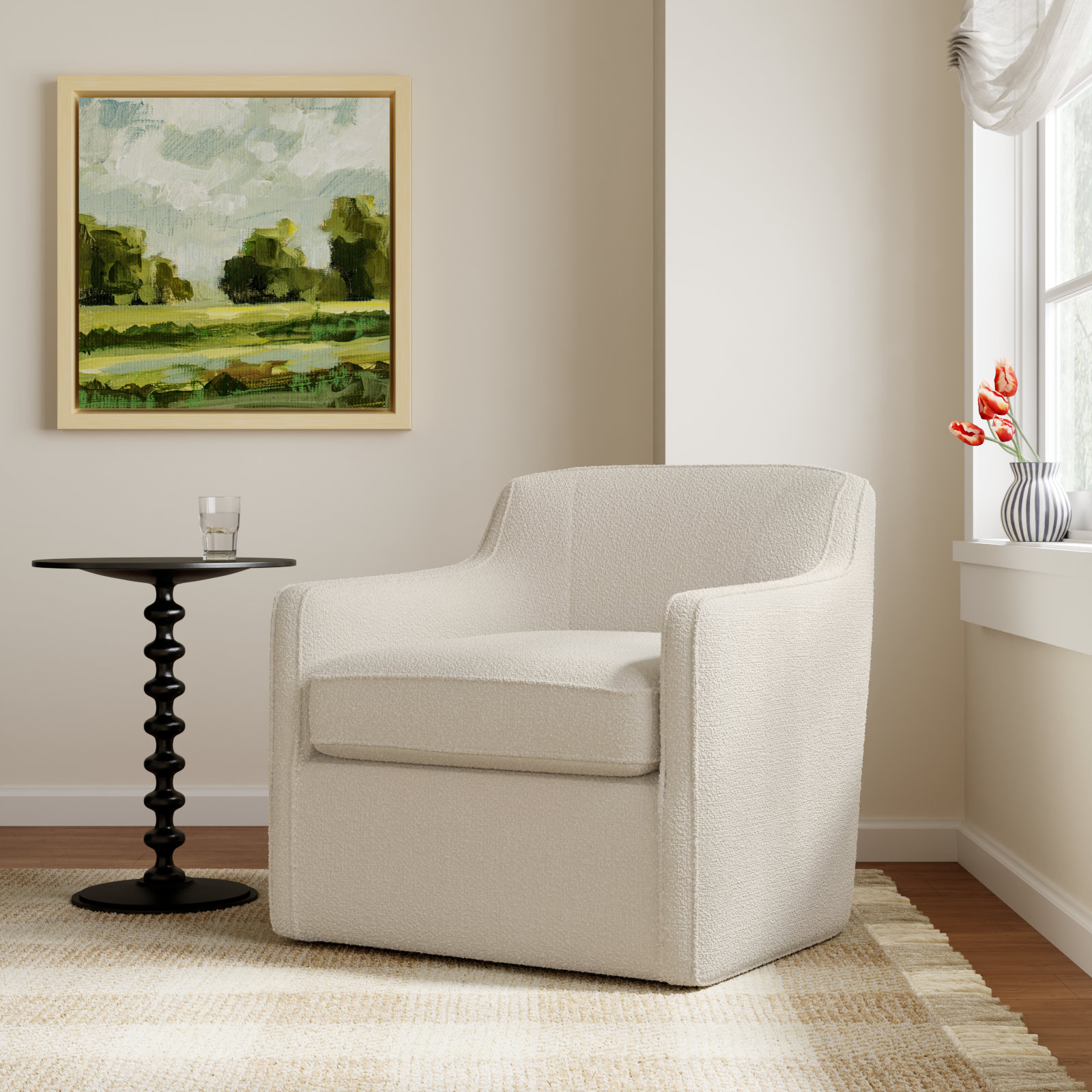 Marietta Upholstered Swivel Armchair, Davis Pearl Performance Bouclé